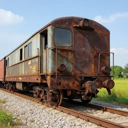 a wide shot of old and rusty railway car smeared with oil standing on rails, a beautiful view nature, 8 k, highly detailed, vogue magazine photo