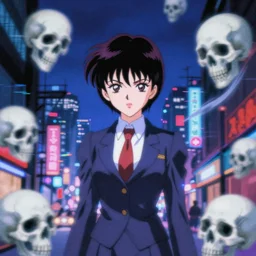 blurry and dreamy screencap of a character from 8 0 s horror anime, vampire woman with short hair wearing dress suit with tie surrounded by flying ghost skulls, satoshi kon anime, character design by yoshitaka amano and junji ito, glitchy vhs tape, streets of parallel reality night tokyo in the background, perfect blue color palette, noisy film grain effect, blurry image