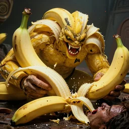 giant monsters made of bananas and sharp teeth eating people, star trek, film still from a movie directed by Denis Villeneuve  with art direction by Salvador Dalí, wide lens
