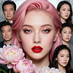 androgynous portrait, close-up, high sharpness, zeiss lens, fashion photo shoot, peony flowers, pink hair, red lipstick, on metal background, Annie Leibovitz and Steve McCurry, David Lazar, Zhong Lin, Jimmy Nelsson, Eiko Hosoe , artistic, hyper-realistic, beautiful face, octane rendering