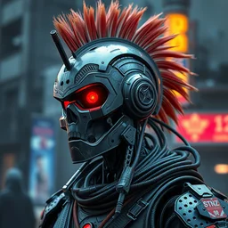 photorealistic render, hdr, of an anarchist punk robot with a mohawk, cyberpunk, dystopian, sci - fi, urban