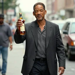 cinematic journalism photo of Will Smith in the middle of the street with a bottle of whiskey