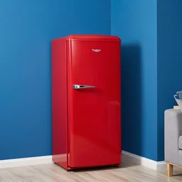 red fridge in a blue room