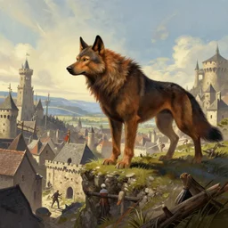 a beautiful artwork illustration, fenrir standing over a medieval village, destruction, by Greg Rutkowski and Jesper Ejsing and Raymond Swanland, featured on artstation, wide angle, vertical orientation