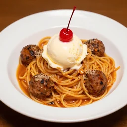 dslr food photograph of spaghetti and meatballs topped with vanilla ice cream and a cherry on top, 8 5 mm f 1. 8
