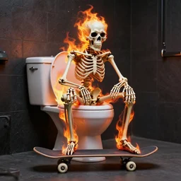 super cool radical flaming skeleton sitting on a toilet mounted to a skateboard, hyper realistic, photograph.