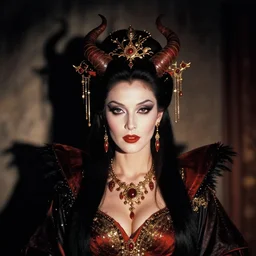 hyper realistic and detailed closeup vintage photo of a demon empress coming from the shadows by annie leibovitz