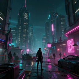 A cyberpunk setting, by Evgeny Lushpin, dramatic lighting, high contrast colours, panoramic view, as trending on Artstation, highly detailed,