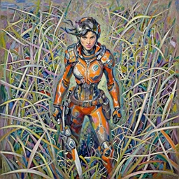 oil painting of tracer overwatch in a field of grass wearing orange uniform, in style of ivan aivazovsky, expressive face, detailed face, detailed eyes, full body, feminine face, tracer overwatch,