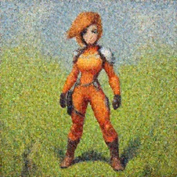oil painting of tracer overwatch in a field of grass wearing orange uniform, in style of ivan aivazovsky, expressive face, detailed face, detailed eyes, full body, feminine face, tracer overwatch,