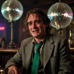 the long shot of crying old unkempt drunkard ( ( ( ( ( ( joaquin phoenix ) ) ) ) ) ) with sideburns worn in old grey jacket with emerald tie in steampunk bar, color movie with cinematography of christopher doyle, neon lighting reflectied from discoball, anamorphic lens, optical flares, award - winning photo, kodakchrome, masterpiece, 8 k