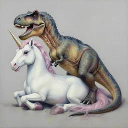 T-rex and Unicorn relaxing, Alex Grey,Oil on Canvas  detailed,