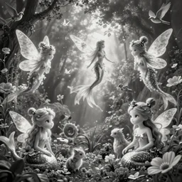 magical illustrations of ethereal fantasy creatures, beautiful fairies, mermaids and female portraits with flowers, whimsical big - eyed characters accompanied by animals and birds, greyscale