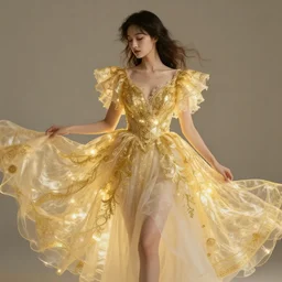 A girl with a dress made of gilded intricacy weaved fabric dream illuminated beauty