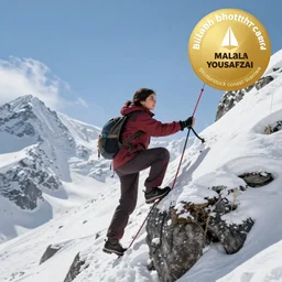 malala yousafzai climbing up the side of a snow covered mountain, a photo by bikash bhattacharjee, shutterstock contest winner, stuckism, associated press photo, sense of awe, creative commons attribution