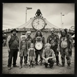 a tintype photograph. photo of a group of people in front of the circus of watches, horror a family of monsters, deformation mutants