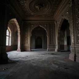 glimmering rich oriental interior, dull, abandoned photograph, desaturated, two-point perspective