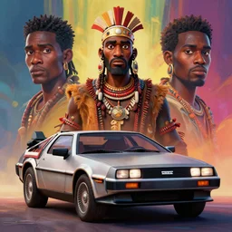 stylish 3 d vfx - drew struzan movie poster - art of an african tribal chief in a delorean, art style by james jean & hsiao - ron cheng, unreal engine render, digital illustration, sharp, intricate detail, volumetric lighting, ray tracing, soft light, colourful, claymation style, ernie barnes style, symmetry, acrylic on canvas, pinterest, artstation,