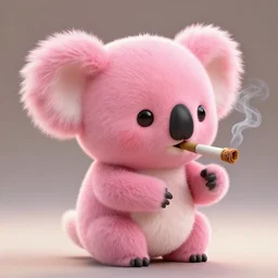 high quality 3 d render hyperrealistic very cute small pink koala smoking joint, smoke rising from the joint, plush mascot, short spiky dense fluffy smooth hair, photo from the side, pink fluffy fur, 1 5 0 mm, beautiful natural soft light, rim light, vray, smooth background, artstation, ultra detailed