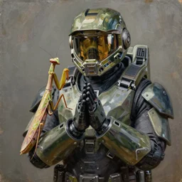 praying mantis playing as master chief, oil on canvas, intricate, portrait, 8 k highly professionally detailed, hdr, cgsociety