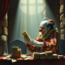 clown counting stacks of money in a castle, dramatic lighting, painted by norman rockwell