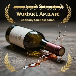 photography of a wine bottle crashing on the floor, bottom bottle explode but bottle neck remain, clear view on the label, wine splash, cinematographic look, award photography