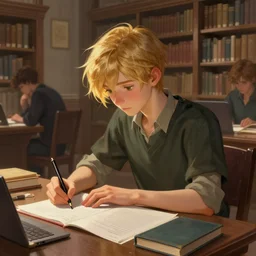 young asriel dreemurr doing his homework in the library, detailed digital painting concept art by rtgerm, greg rutkowski, and kilian eng, trending on artstation