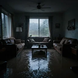 a flooded living room with water, dark, liminal