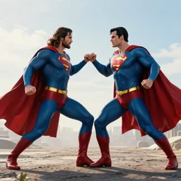 Jesus fighting Superman, photorealistic, HD, octane render