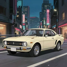 1965 Vector W8 Twin Turbo, city in anime cyberpunk style by Hayao Miyazaki
