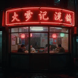 chinese restaurant red neon lighting night time raining friday evening Bladerunner 2049. Dark glass windows. Set design by Dennis Gassner. Cinematography by Roger Deakins 1989 film photo slightly grainy.
