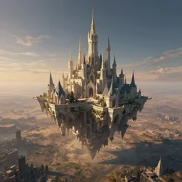 a beautiful hyper realistic detailed matte painting of a fantasy city floating in the air, flying castle might, looks like creativity by john howe, greg rutkowski, aerial view above a desolate apocalyptic plain, barometric projection, rectilinear, octane render, ellen jewett, beautiful surreal palatial pulsar at dawn, gustave dore, ferdinand knab, jeff easley