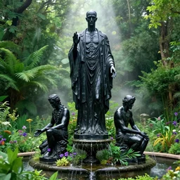 a statue of nyarlathotep and cthulhu atop a fountain in a lush dense verdant garden by norman rockwell and ferdinand knab and gil elvgren and john atkinson grimshaw, statue made of black obsidian, lovecraft, mist, hyperrealism, volumetric lighting, god rays, ultrafine details, sfumato, purple flowers, overgrown