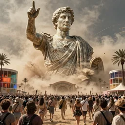 highly detailed photograph of coachella with crowds centered around statue of a roman mark zuckerberg, dust storm, cinematic, ultra realistic, realism, intricate, digital art, ambient, by beksinski, by jamie hewlett, gothic art style, 3 5 mm film grain, artstation