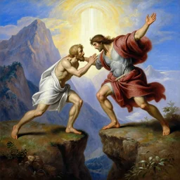 an amazing realistic painting of cain pushing abel from the edge of a cliff with a divine light in the sky, majestic mountains in the background, very detailed, painting by roberto ferri, beautiful art, smooth, elegant, intricate, vibrant, colorful