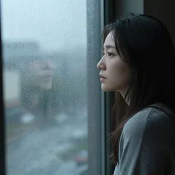 a woman looking out of a window, moody, raining outside
