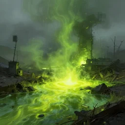 radioactive wasteland, spilled green - yellow toxic waste emits vibrant light, foggy atmosphere, by rembrandt and wlop, intricate, detailed, photorealistic imagery, artstation