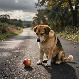 an apple on the road front of sitting sad dog