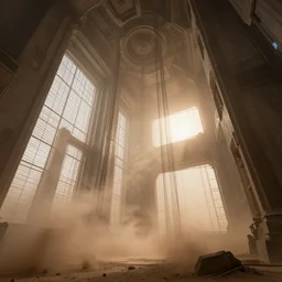 inside a tall vetical room, convoluted halls, large open windows, fast wind, cables hanging, complex ceiling, ancient monolithic sci - fi, thick dust storm enters the buiding, concrete pillars, on an alien planet, sun is blocked by dust, pale orange colors, cinematographic wide angle shot, f / 2 4, motion blur