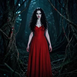 wlop, full body, pretty alyson hannigan, evil dead demon, evil dead movie, red dress, symmetrical eyes, symmetrical face, long curly black hair, trees, forest, branches, cinematic lighting, evil dead creature, scary, blood