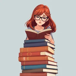 a woman with red hair and glasses sits on top of a tall pile of books, reading. clear, detailed face. clean cel shaded vector art. behance hd by lois van baarle, artgerm, helen huang, by makoto shinkai and ilya kuvshinov, rossdraws, illustration, art by ilya kuvshinov