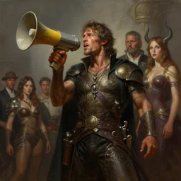 epic professional digital art of alexander emerick jones holding a bullhorn, atmospheric lighting, painted, intricate, detailed, by leesha hannigan, wayne haag, reyna rochin, ignacio fernandez rios, mark ryden, iris van herpen.