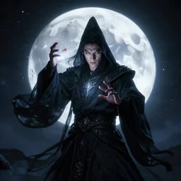 portrait of moon wizard preparing for a ritual, handsome, glowing, magical, dynamic lighting, dark, menacing, 4 k octane render. by magali villeneuve krenz cushart bussiere