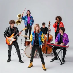 cyberpunk funk band, guitarists, bassist, drummer, brass horns, keyboardist, vocalist, backup vocalists, colorful cyberpunk clothes, robotic prosthetic limbs, dermal implants, cyborg, futuristic, realistic, promo photograph, epk, high quality, highly detailed