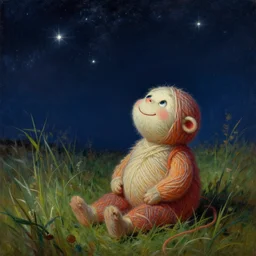 a smiling creature made of yarn sitting in high grass looking up at the stars at night, dreaming about life in space, classical oil painting, highly detailed, digital illustration, concept art, smooth, sharp focus, art by tim hildebrandt, and greg hildebrandt
