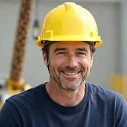 closeup portrait of cheerful bryan cranston with a long crane neck, construction, yellow hardhat, sitting in a crane, natural light, bloom, detailed face, magazine, press, photo, steve mccurry, david lazar, canon, nikon, focus