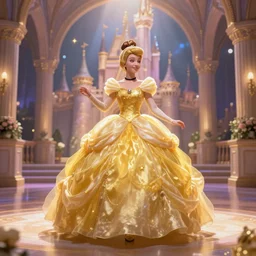 cinderella dressed in the world's most beautiful yellow ballgown stands gracefully in the middle of a magical ballroom of a fairytale castle, spotlight on her. highly detailed fantasy art, magical realism, disney. dreamy.