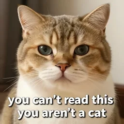 a very high quality meme featuring a scrungy cat with text that reads 'you can't read this because you aren't a cat'