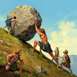 sisyphus pushing a rock up a steep hill. digital art by eugene de blaas, ross tran, and nasreddine dinet, vibrant color scheme, intricately detailed, in the style of romanticism. artstation, greg rutkowski
