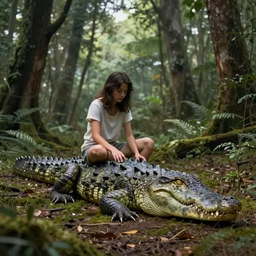 werecreature consisting of a human and crocodile, photorealistic drawing, forest, trending on artstation